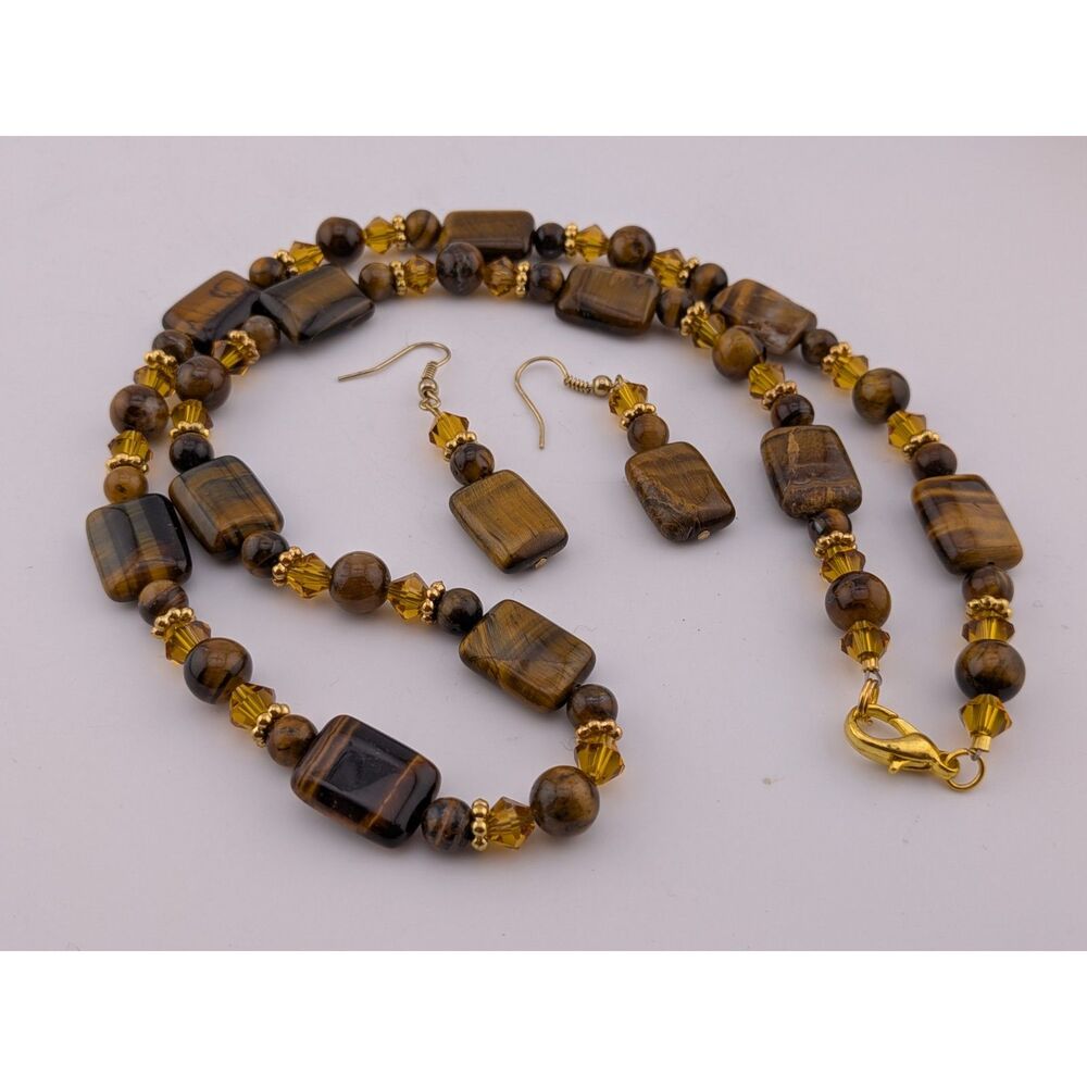 Tiger Eye Beaded Necklace Earrings Set Brown Amber Gold Tone Jewelry